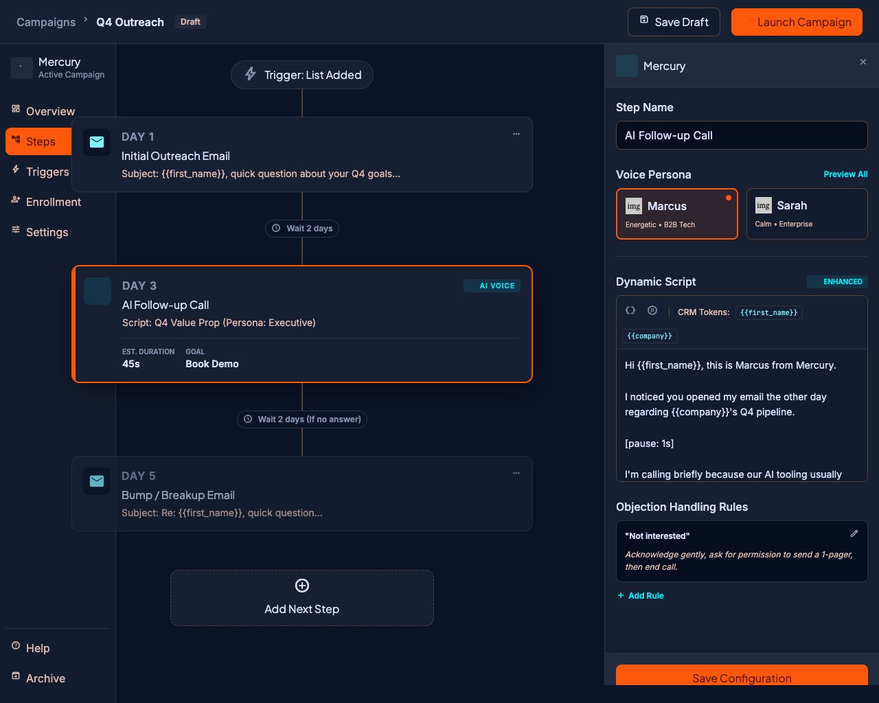 Mercury campaign builder showing a multi-step sequence with email and call steps