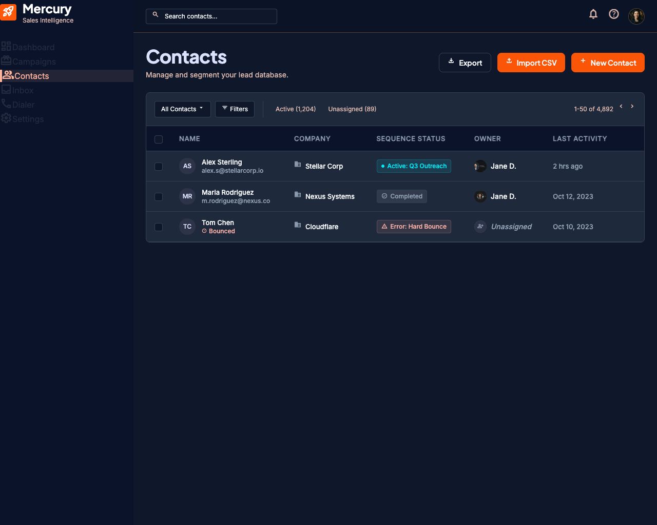 Mercury CRM contacts table showing leads with owners, status, and custom fields