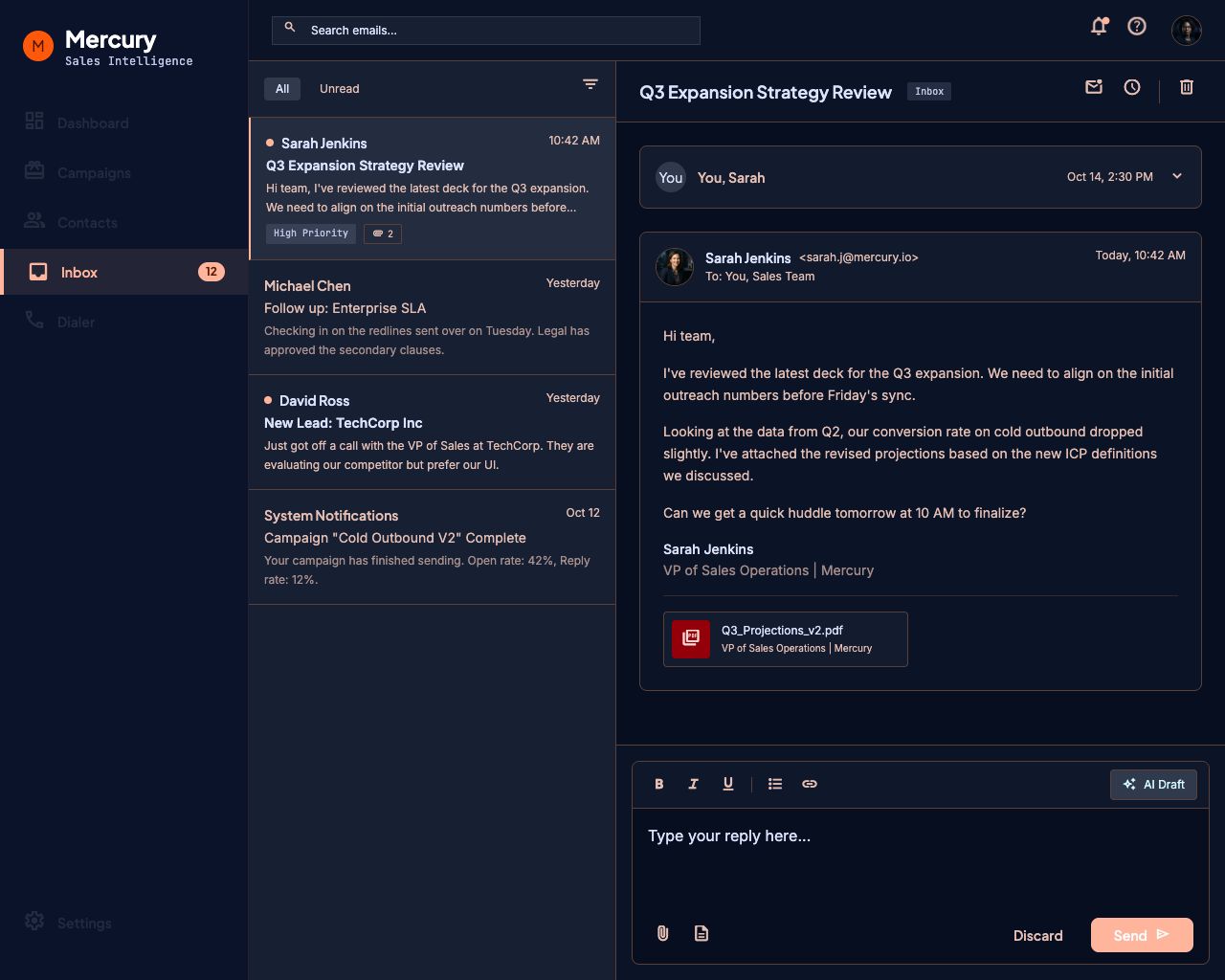Mercury unified inbox showing threads matched to leads and campaigns