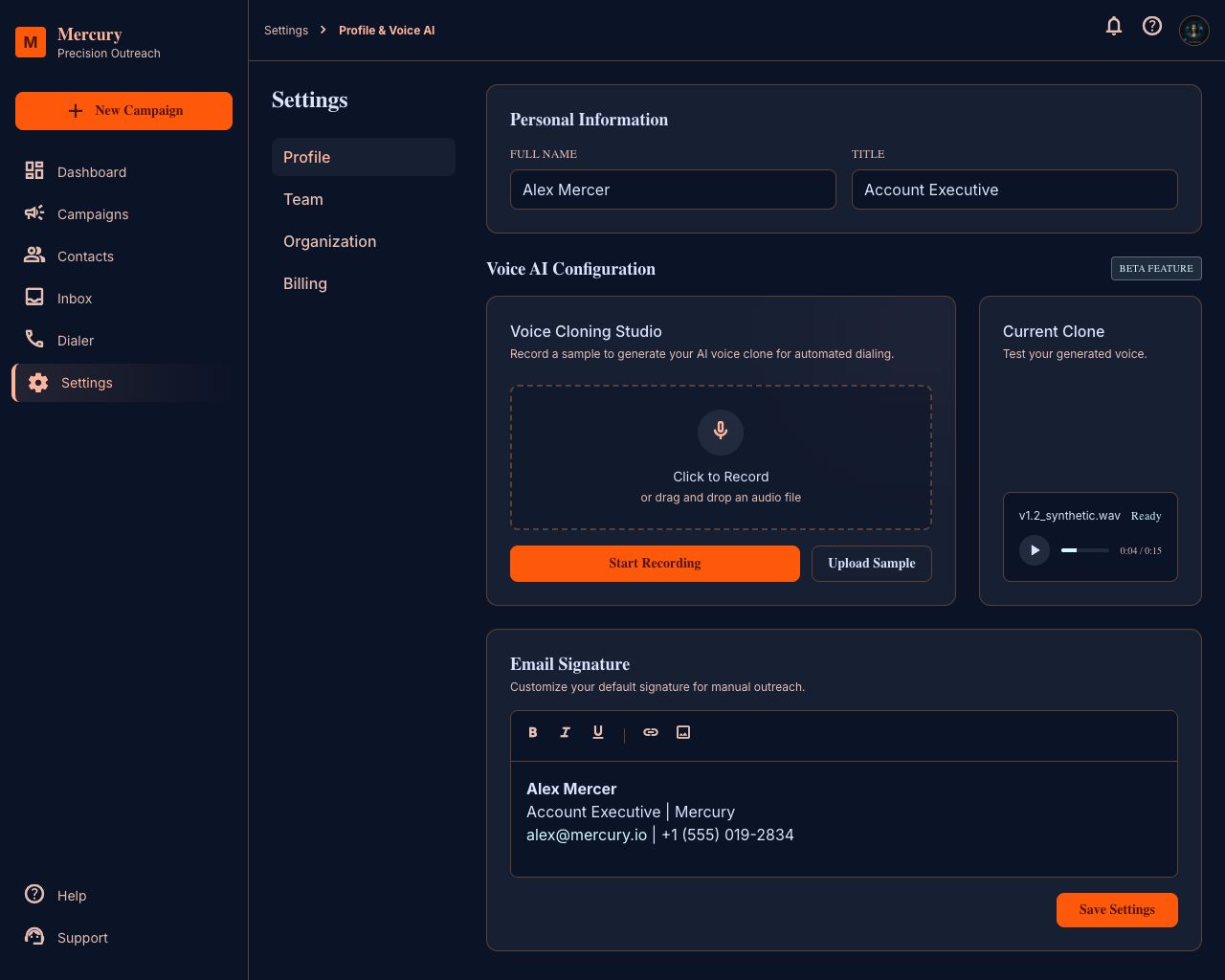 Mercury voice AI setup screen showing voice profile enrollment and call configuration
